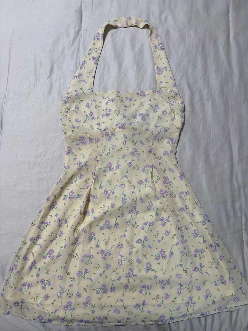 Princess Polly Cream Halter Mini Dress with Lavender Floral Print